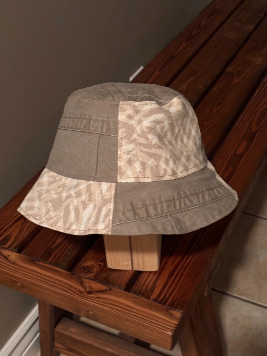 Upcycled Revesible Khaki Denim and Printed Patchwork Hat with Beautiful Batik Lining