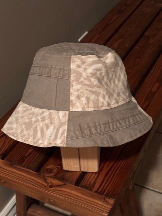 Revesible Upcycled Khaki Denim and Printed Patchwork Hat with Beautiful Batik Lining