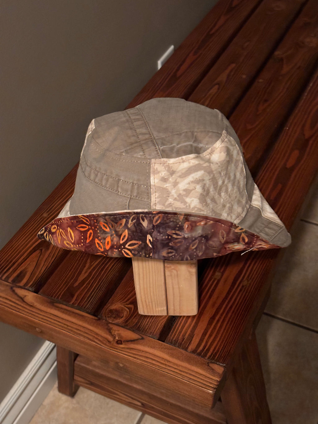 Upcycled Revesible Khaki Denim and Printed Patchwork Hat with Beautiful Batik Lining