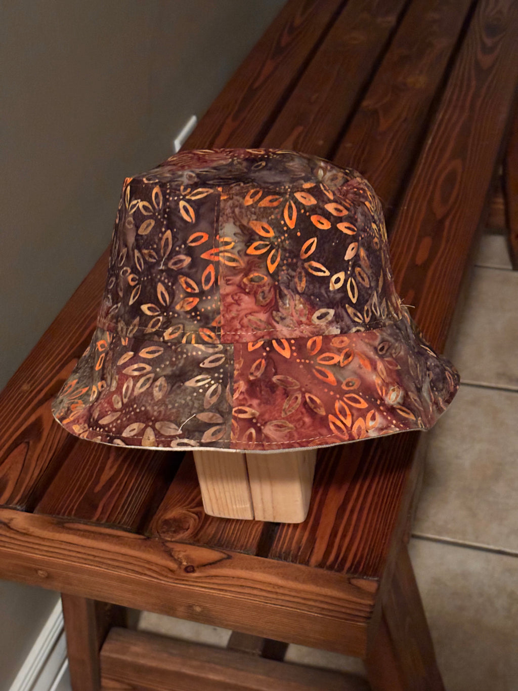 Upcycled Revesible Khaki Denim and Printed Patchwork Hat with Beautiful Batik Lining